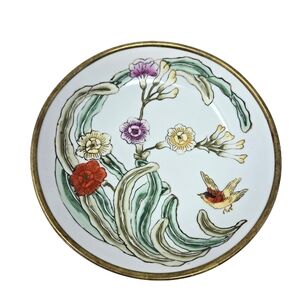 Vintage Japanese Porcelain Ware Bowl Incased In Brass Sz 7.25 Hand Painted